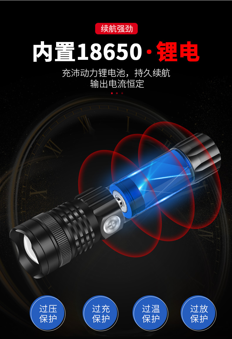跨境P70铝合金手电筒强光充电户外超亮远射迷你便携灯超长续航详情10
