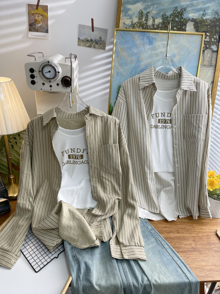 Dongdaemun, South Korea, early autumn new Korean-style vertical striped long-sleeved shirt for women, loose and casual, stylish shirt trend 4730 pic 5