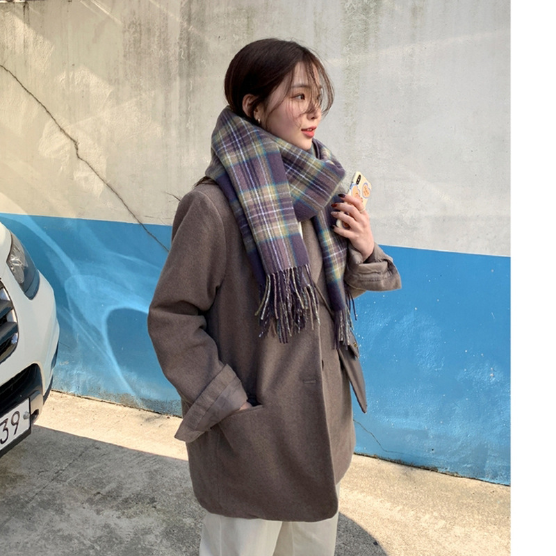 Korean style pink checkered scarf imitating cashmere winter purple scarf 2022 autumn and winter new style widened scarf shawl pic 39