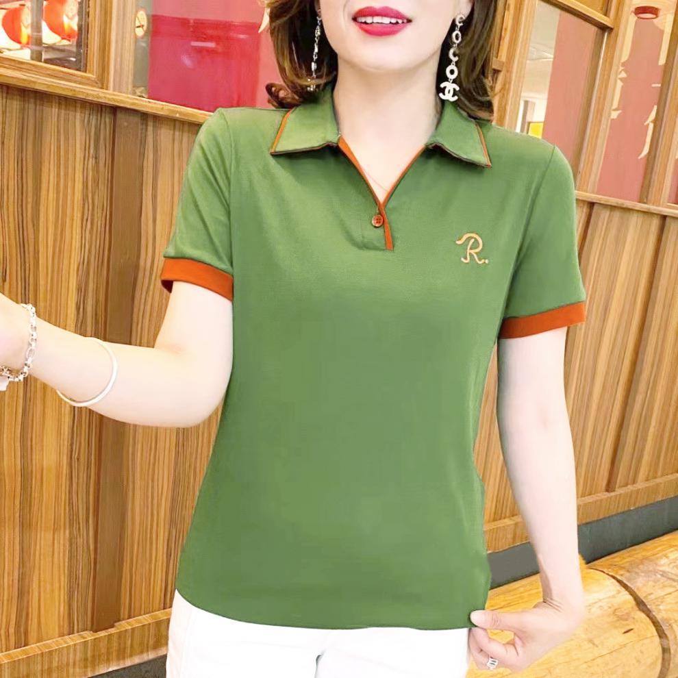 Verano 2022 nueva mediana edad mamá holgada adelgazamiento adelgazamiento edad elástico algodón moda francesa cuello POLO manga corta mujer pic 2