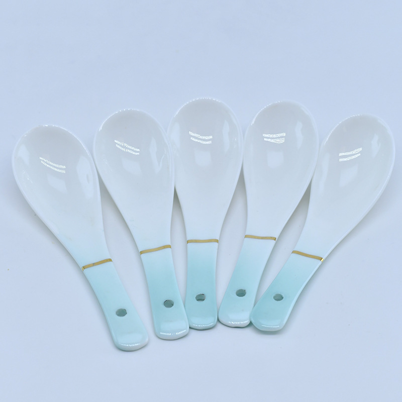 厂家陶瓷汤勺家用餐具小勺调羹骨质瓷三弯勺渐变骨瓷金线三弯勺详情1
