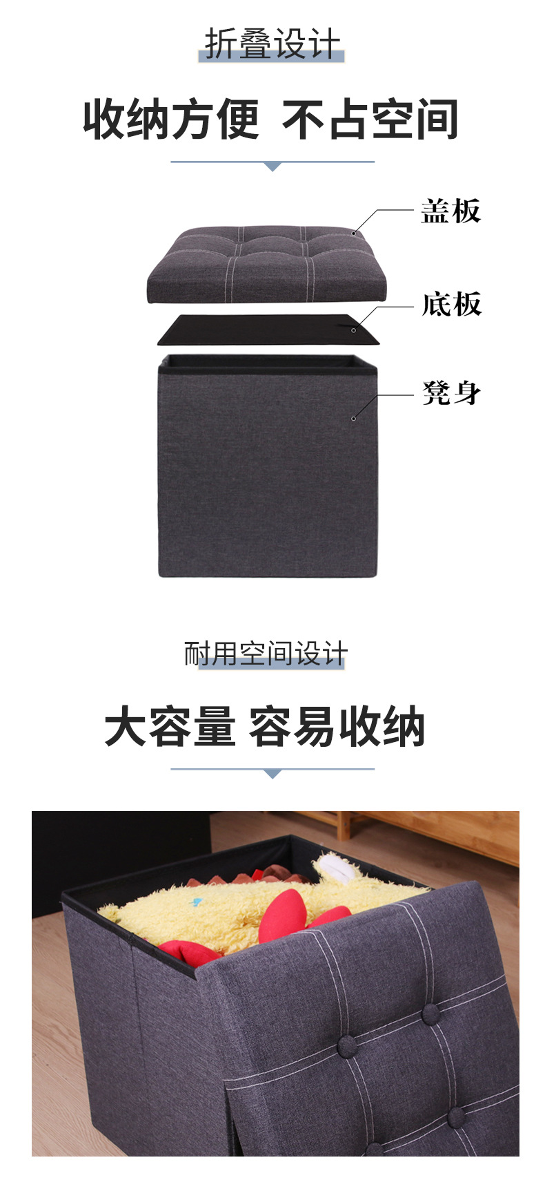 亚马逊收纳凳折叠大容量储物凳家用换鞋凳棉麻双线沙发凳正方形详情6