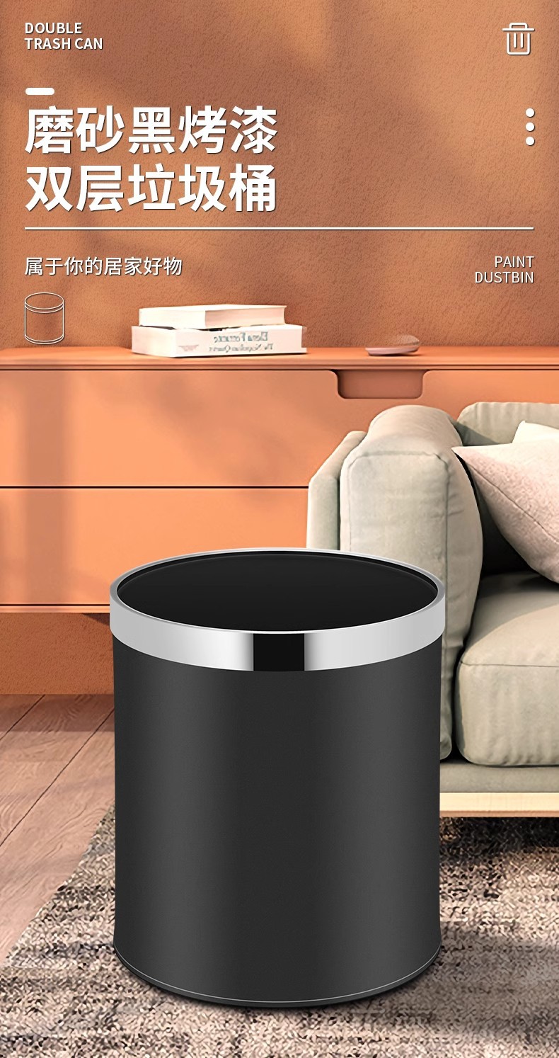 酒店垃圾桶客房双层不锈钢阻燃商用KTV大号卫生间圆形无盖收纳桶详情1