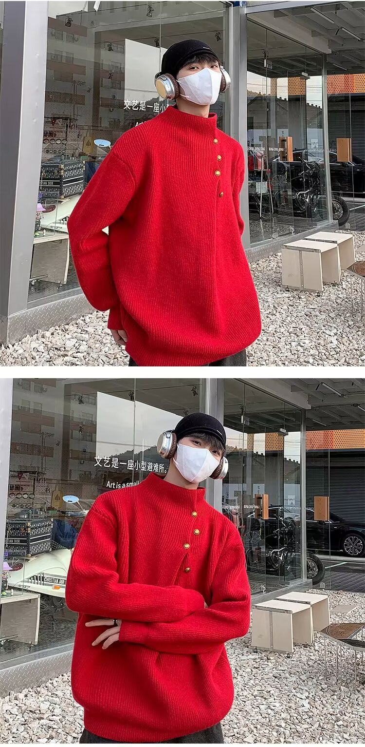 A high-neck sweater with an irregular button design, a stylish and laid-back oversized knitted top from a Korean streetwear brand pic 18