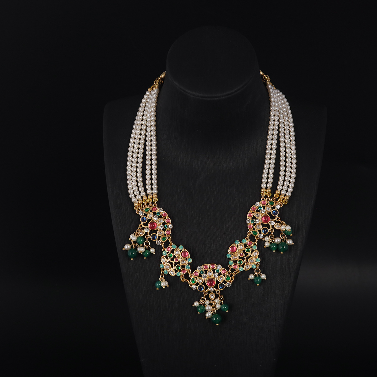 中古vintage高级感气质百搭铜镀真金哑光金彩色宝石镶嵌珍珠项链详情5