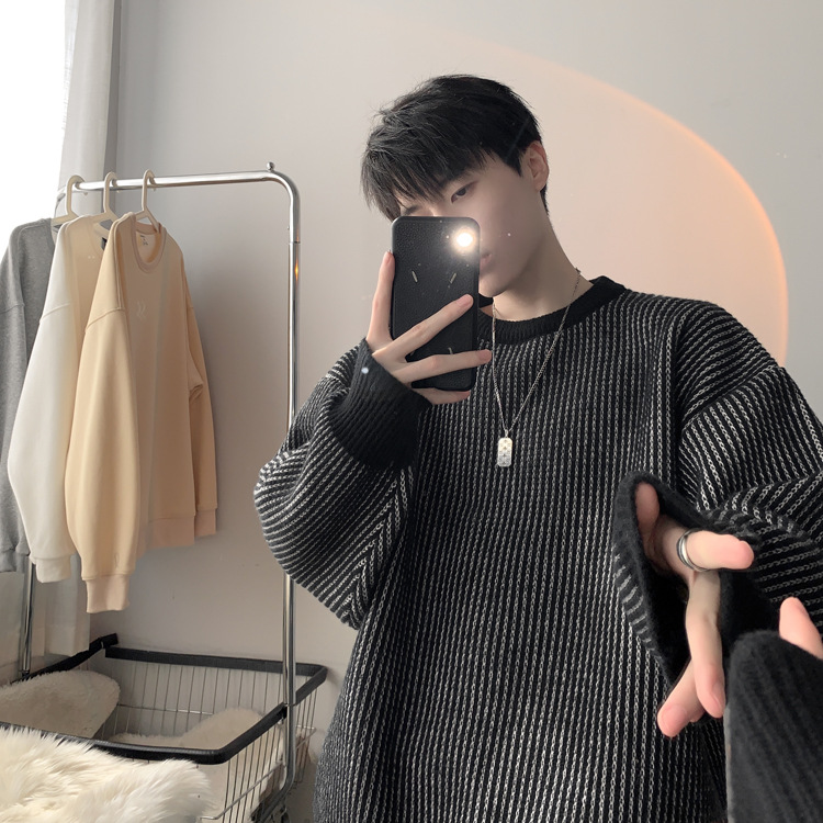 圆领条纹毛衣男款秋冬新款时尚套头针织衫日系复古宽松百搭上衣服详情10