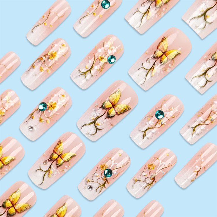 Wholesale of pink and white gradient diamond-encrusted nail plates, simple flower nail patches, cross-border best-selling butterfly wearable nails pic 21
