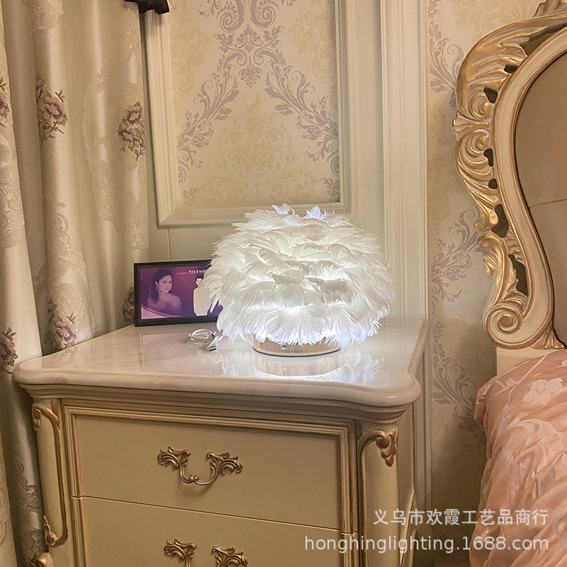 USB charging feather table lamp for bedroom, simple, modern and creative Nordic style, warm and romantic wedding bedside lamp pic 14