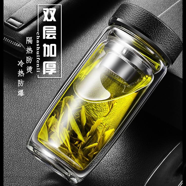 Thickened double-layer glass cups, large-capacity tea-water separation cups, business tea brewing cups, car-mounted goose egg cups, gift printed words pic 14