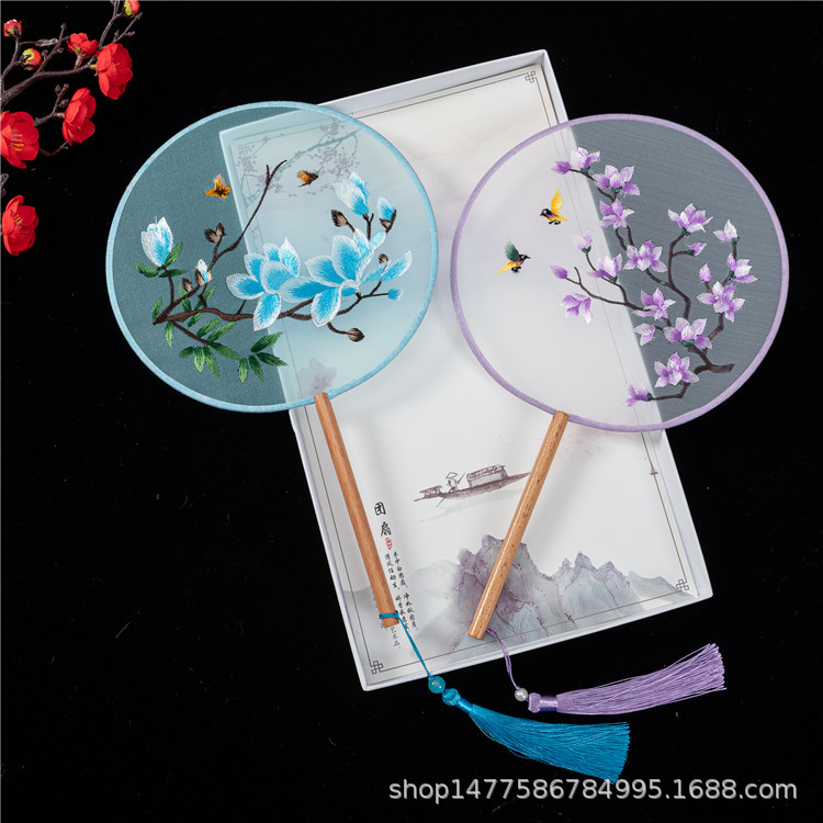 双面刺绣古典圆扇中国汉服古风长柄流苏旗袍仙鹤透明仿丝舞蹈扇子详情1