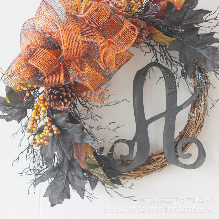 Desheng Cross-border E-commerce Amazon Halloween Simulation black maple leaves, pumpkins, ribbons, branches, wooden signs, rattan rings, garlands pic 7
