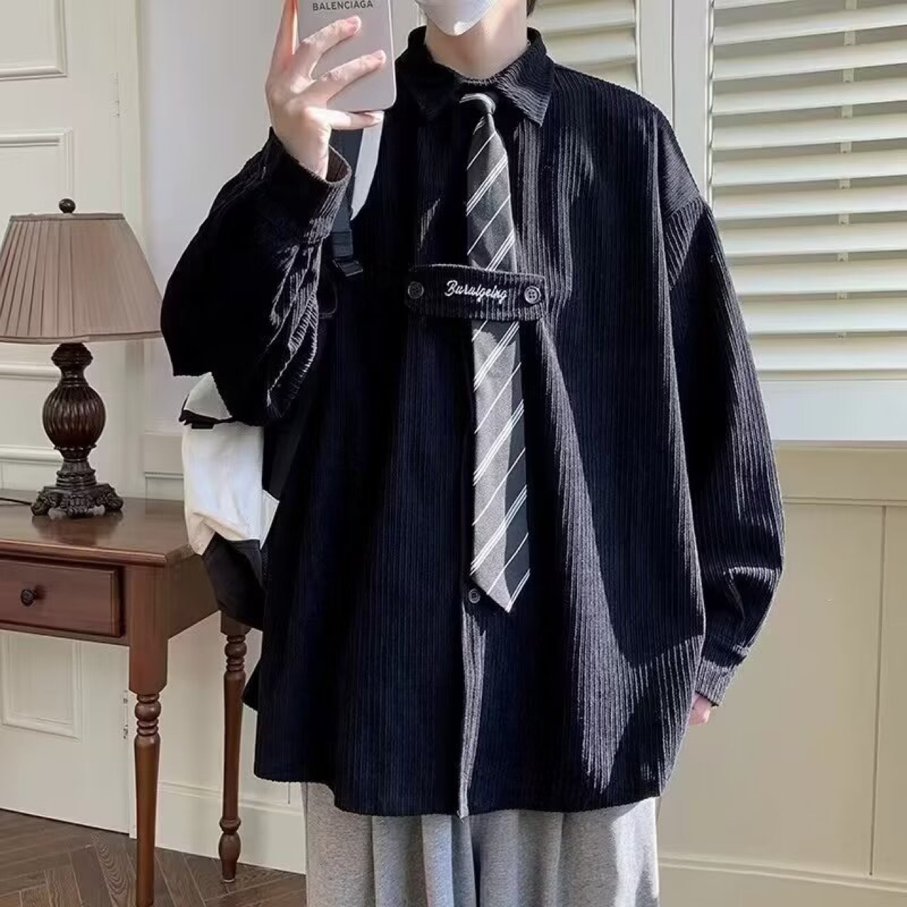 秋季新款潮流休闲百搭上衣宽松韩版ins学院风衬衫长袖男 有配领带详情1