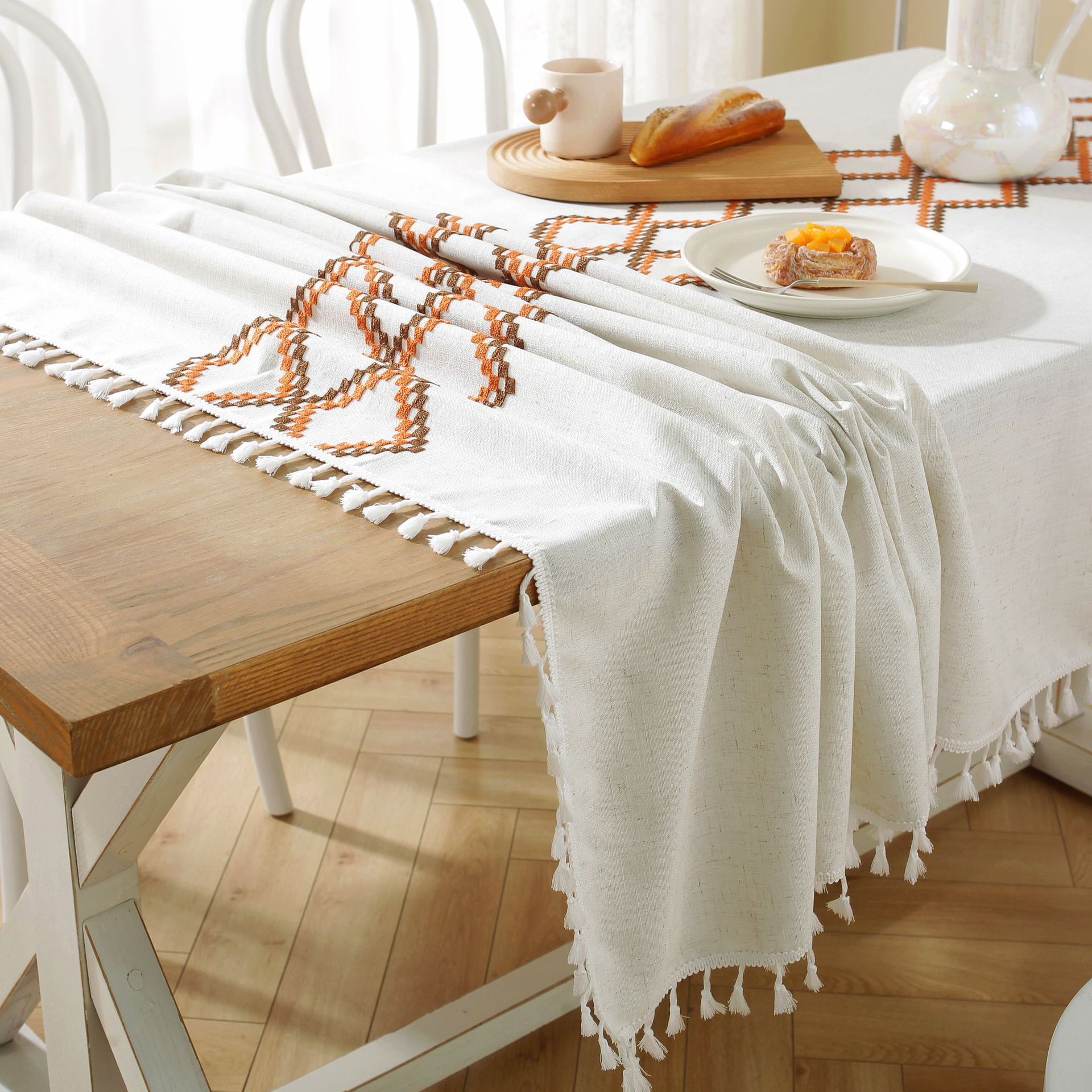New linen embroidered cross tablecloth, solid color tablecloth, coffee table pad, cotton and linen decorative table, ins style bestseller, rectangular pic 8