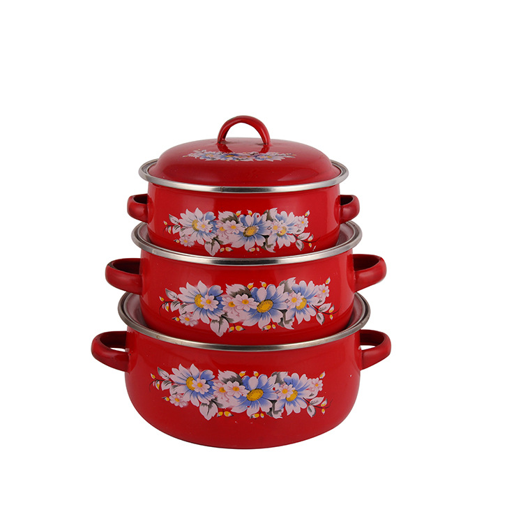 Factory direct sales of three-piece enamel cookware sets, colorful base soup pot sets, double-ear enamel pot LIDS pic 1