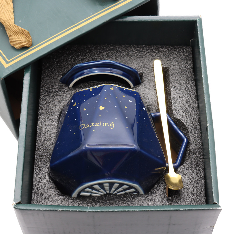 Hot-selling creative ceramic diamond starry sky cup mug, personalized handle with lid spoon set cup, Nordic ins style gold-plated large capacity breakfast cup, personal business gift cup, hand-held small gift box, guest logo available pic 3