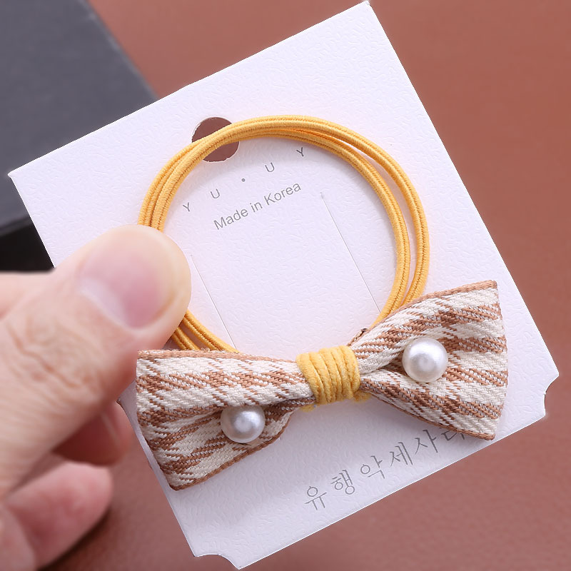 Korean-style pearl fabric checkered bow hair band leather band fresh leather band macaron fresh hair band head accessory pic 9