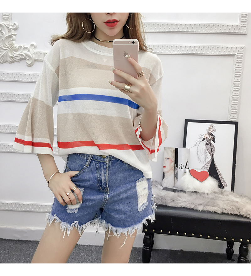 Korean-style striped thin cut-out see-through knitted sweater for women, half-sleeved loose large-sized flared sleeve top pic 9