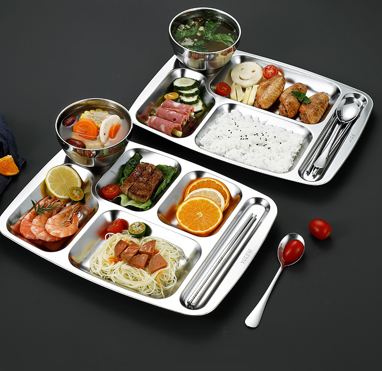 304 stainless steel fast food plates, divided into compartments, food-grade, school cafeteria plates, student meal plates, stainless steel plates pic 14