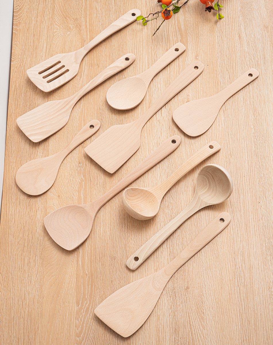 Wholesale beech long-handled spatula, unpainted and waxed cooking kitchenware set, non-stick pan, long-handled wooden spatula for stir-frying pic 5