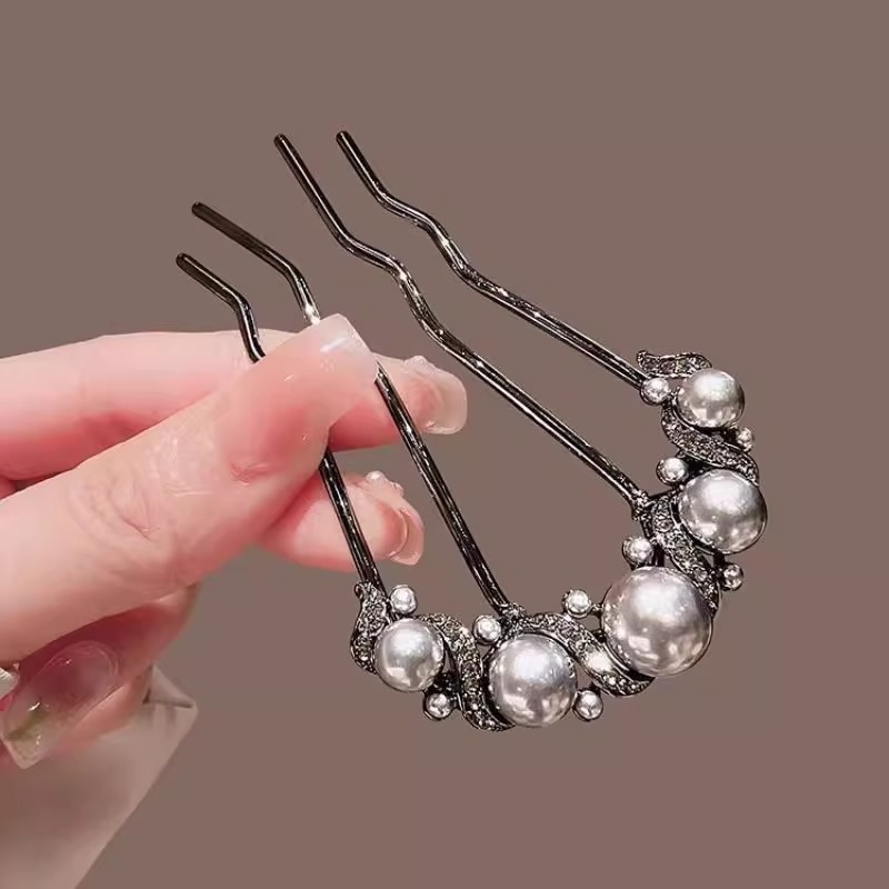 New Chinese-style bun hair hairpin, pearl four-toothed comb hairpin, U-shaped hairpin, elegant updo, hair comb pic 17