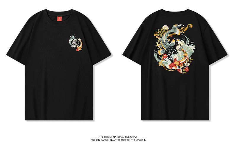 2025夏季新款短袖t恤男生夏季刺绣花开锦鲤重磅国潮中国风宽松详情15