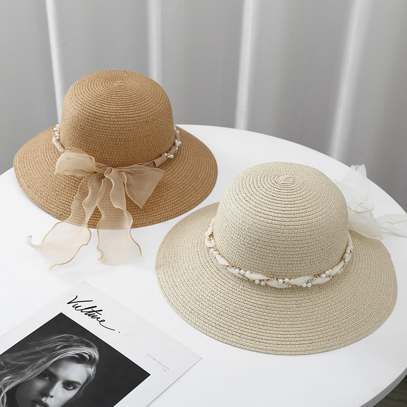 Sombrero de playa de encaje francés con correa de cola grande sombrero de playa paseo marítimo sombrero de paja mujer protección solar versátil moda strass sombrero de pescador pic 4