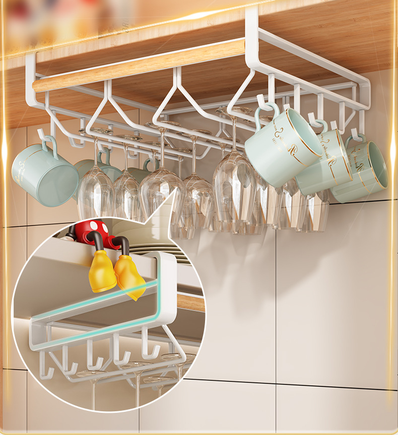 Kitchen storage rack, layered seasoning hanging basket, no-hole hanging wine glass bottom hanging rack, upside-down wine glass rack pic 27