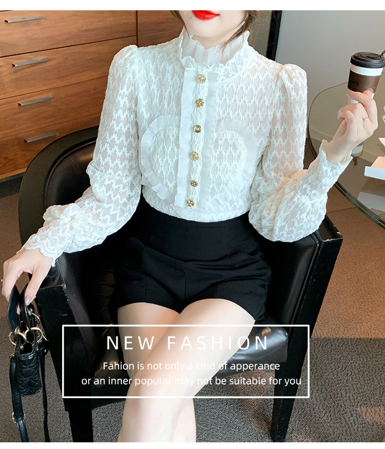 现货实拍2022秋冬新款荷叶边立领蕾丝衫花边衬衫加绒打底衫仙女详情19