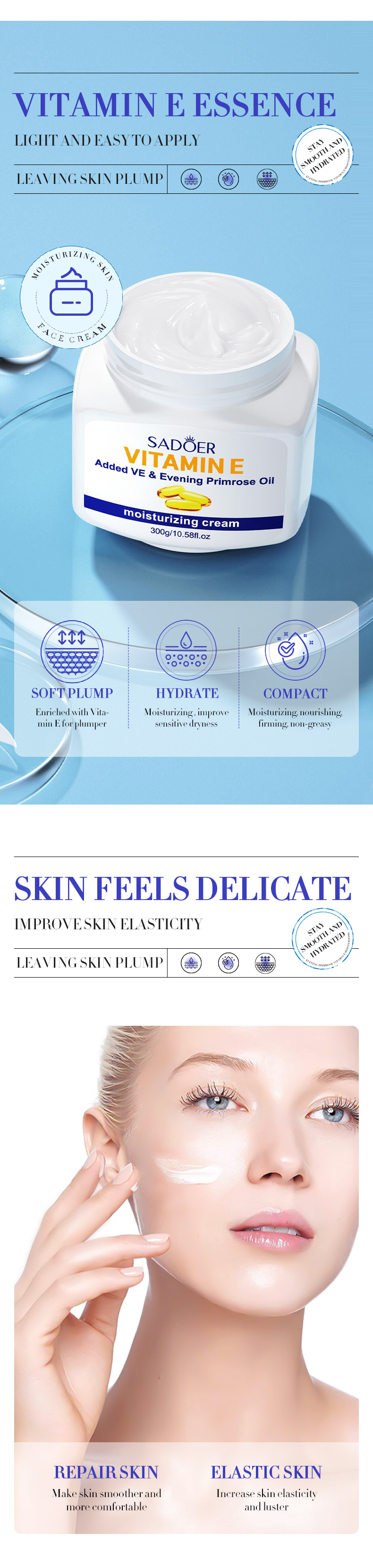 All-english Vitamin E cream SADOER Evening Primrose hydrating, Moisturizing and skin-nourishing large volume cross-border export pic 2