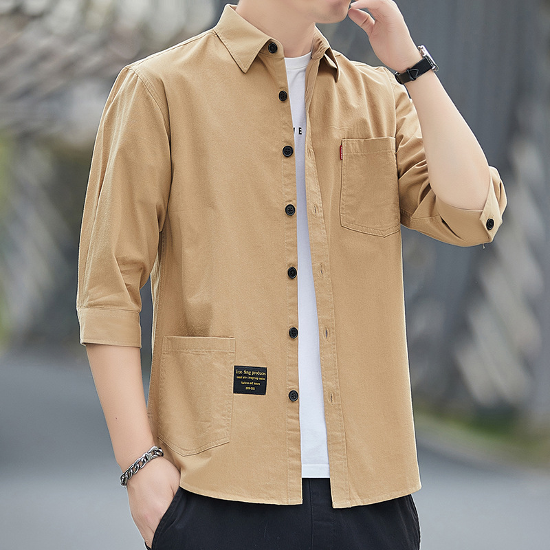  春季港风纯色工装衬衫男士七分袖帅气外套时尚休闲衬衣详情6