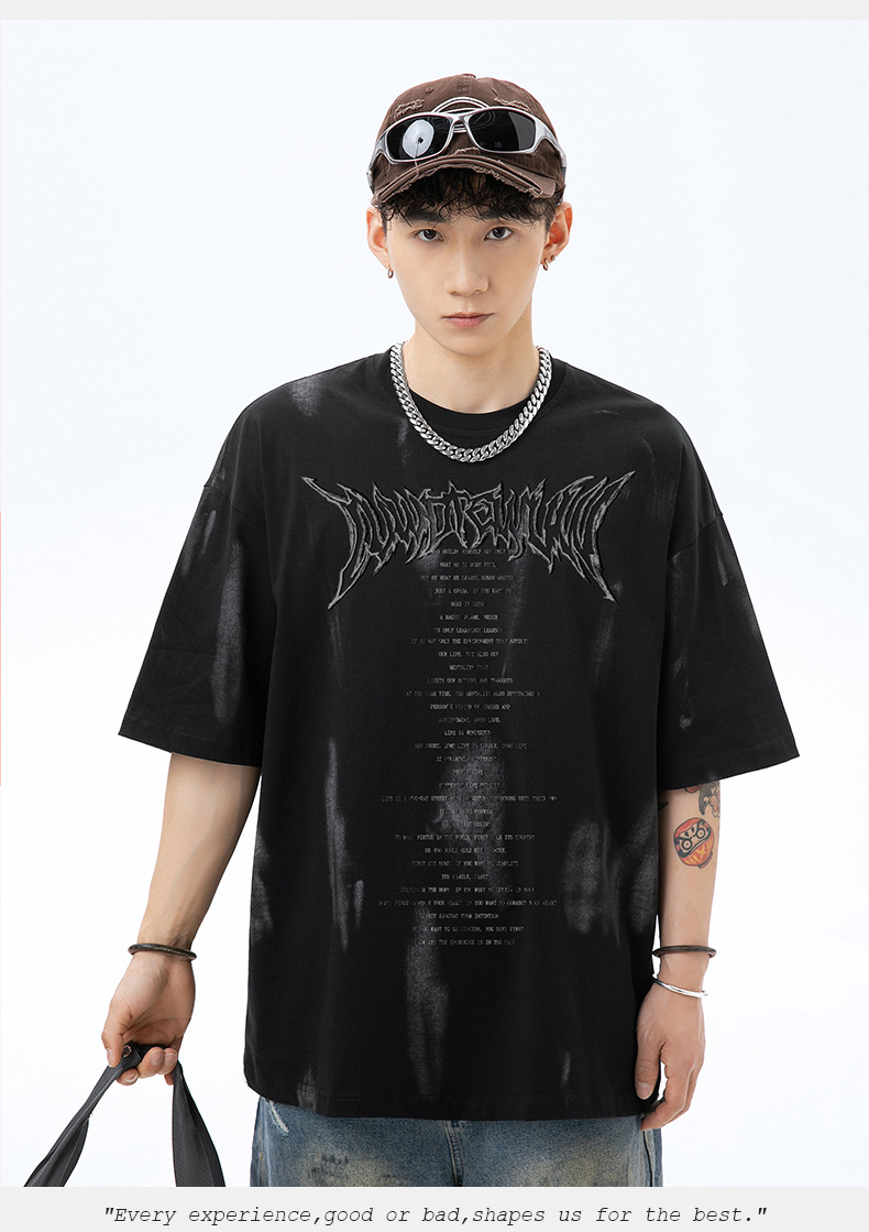 手绘印花纯棉T恤男2024夏季美式休闲情侣短袖做旧擦色复古体恤衫q详情13