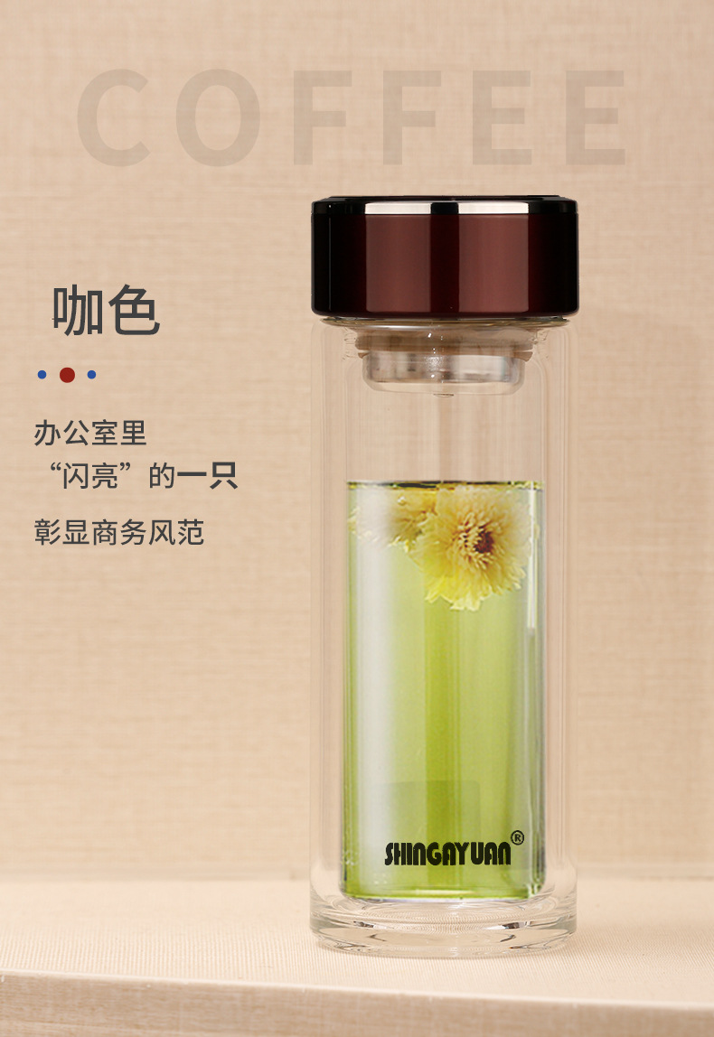 上海新家园双层玻璃杯防摔隔热泡茶杯子商务便携时尚水晶保温杯详情2