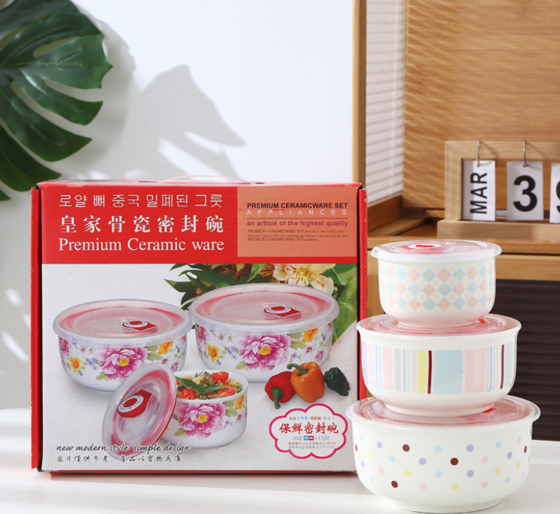 Three-piece ceramic fresh-keeping bowl set pic 7