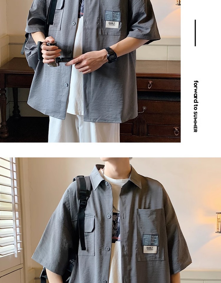 帅气工装美式衬衫男士2024新款潮牌夏季休闲短袖男生夏天宽松衬衣详情13