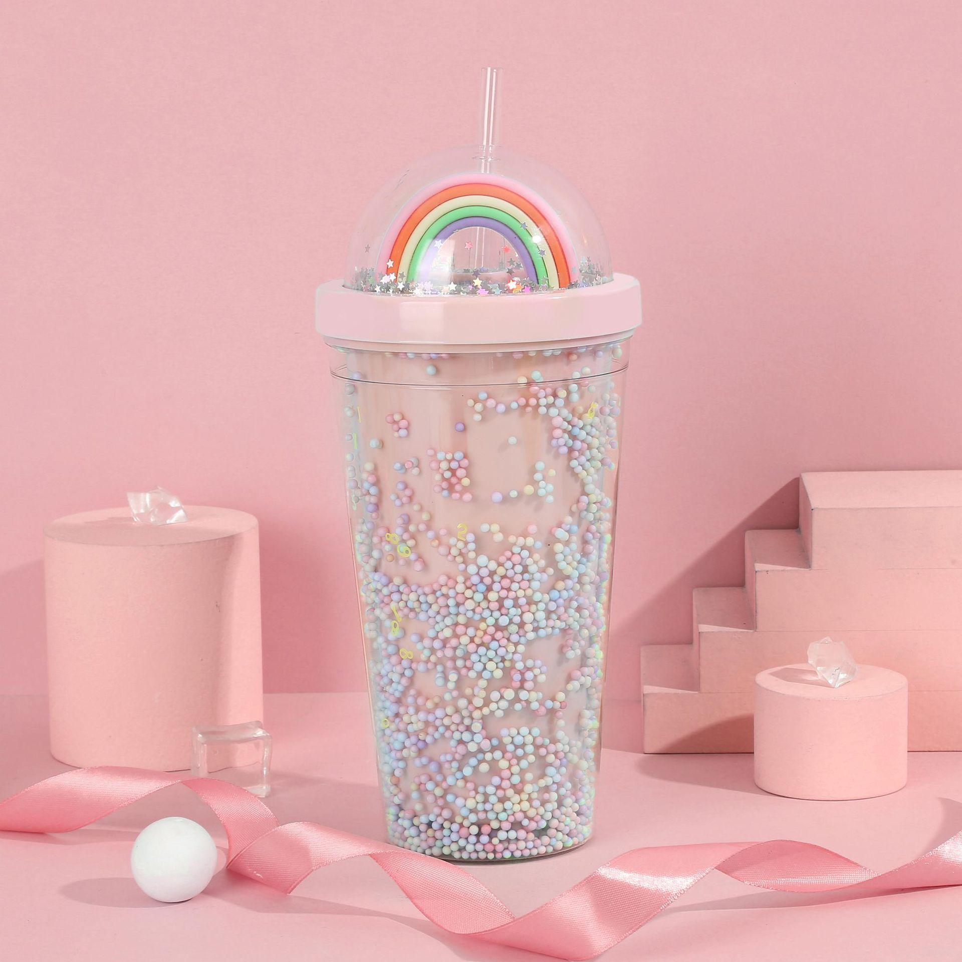 Student foam seven-color plastic cup, outdoor portable and cute water cup, Internet celebrity high appearance level creative rainbow straw cup pic 8