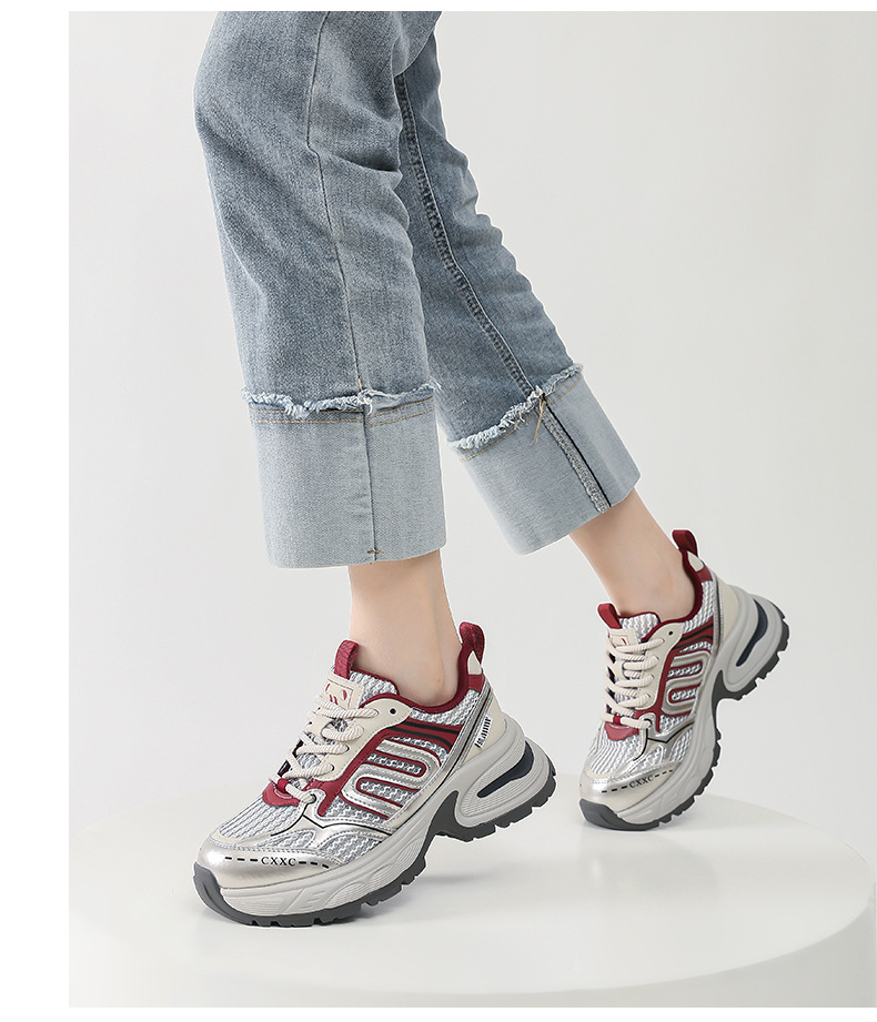 银色老爹鞋女百搭防滑2024夏季运动鞋子女红色透气轻便增高跑步鞋详情21