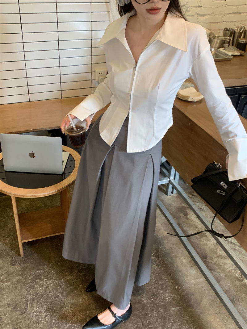 实拍2023春季新品艺术学姐白色衬衫女高级感短款修身长袖拉链衬衣详情3