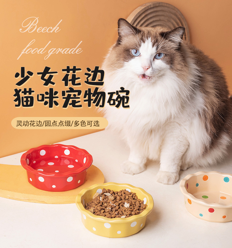 陶瓷猫碗花边波点宠物碗防黑下巴猫食盆猫粮碗小型犬泰迪宠物用品详情1