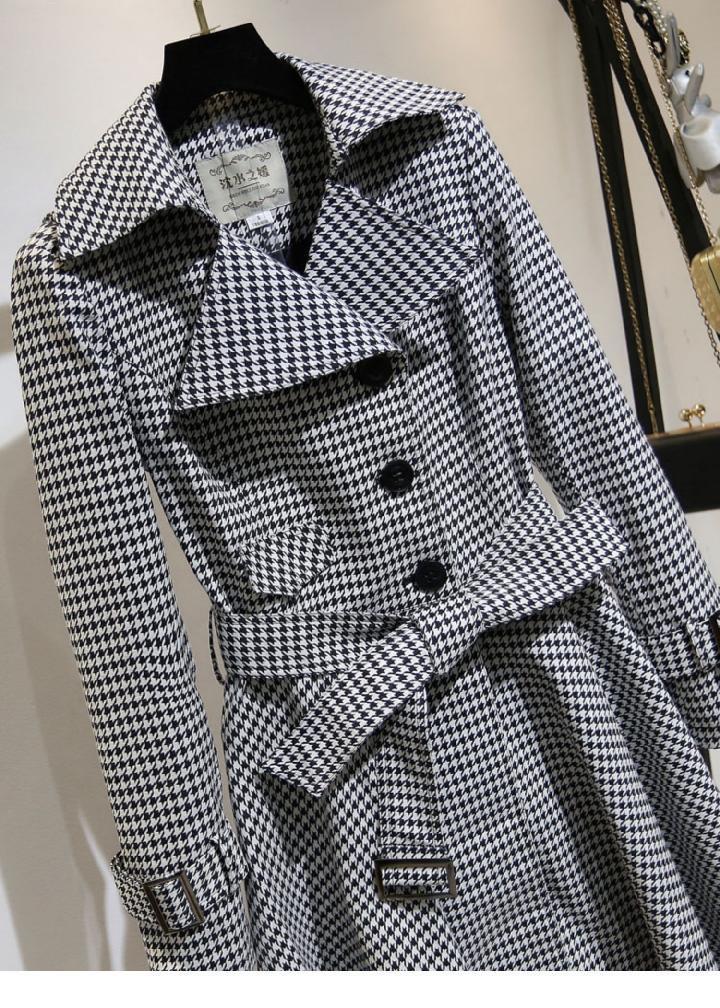 赫本风裙摆风衣收腰千鸟格女式中长款外套大衣年新款详情17