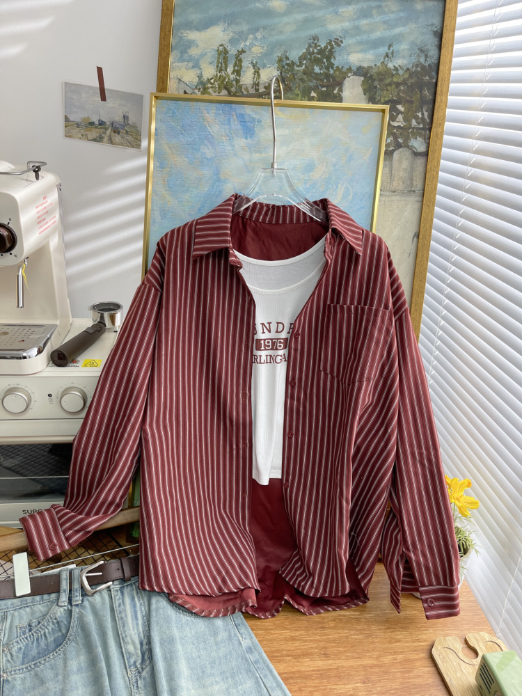 Dongdaemun, South Korea, early autumn new Korean-style vertical striped long-sleeved shirt for women, loose and casual, stylish shirt trend 4730 pic 8