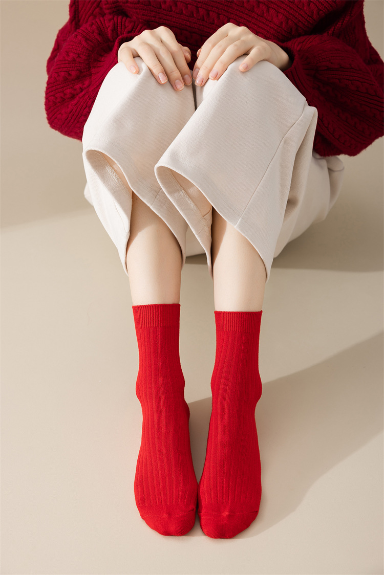 新年大红袜双针麻花中筒袜本命年红色袜子精梳棉喜庆鸿运女袜详情2