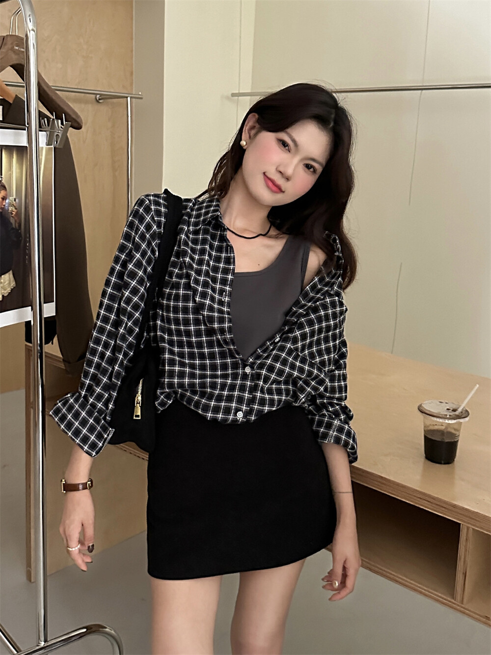 THE LEMON柠檬绿茶设计感宽松显瘦休闲ins假两件格纹衬衫女秋季详情15