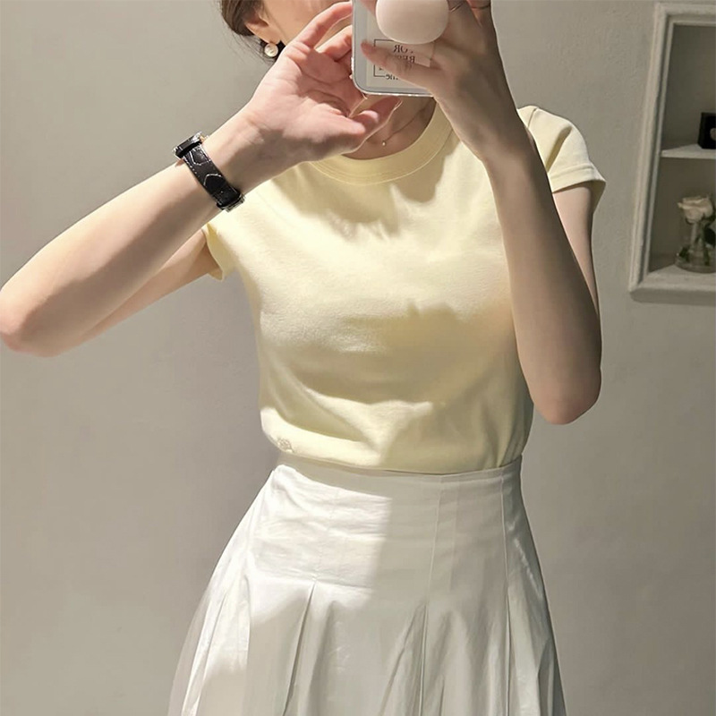 Pure cotton off-the-shoulder embroidered short-sleeved T-shirt for women, 2025 summer solid color casual style, Han Dongdaemun base layer ha*g pic 5