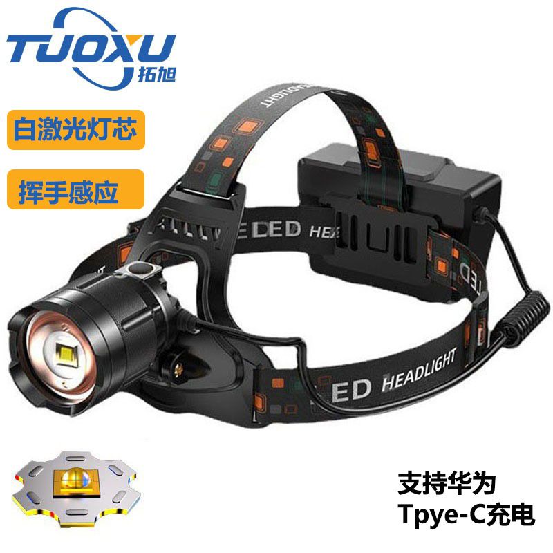 Cross-border exclusive supply of white laser led lamp beads, 40w strong light head lamp, rechargeable ultra-bright hand-waving sensor head-mounted flashlight pic 1