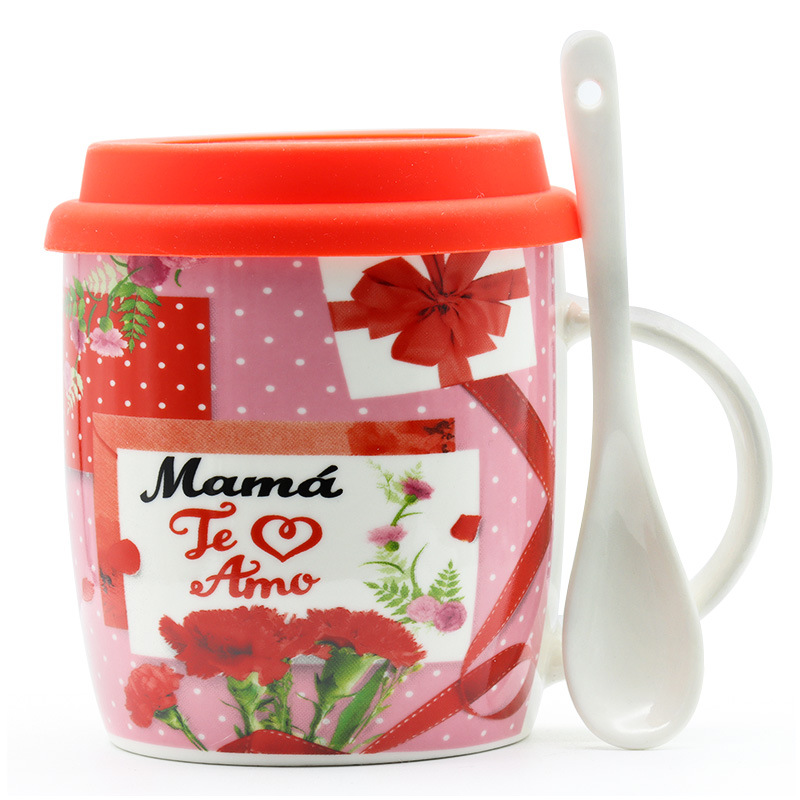 西文母亲节杯子西语母亲节马克杯礼品陶瓷杯牛奶杯带硅胶盖柄勺套装礼物支持定制logo免费设计详情7