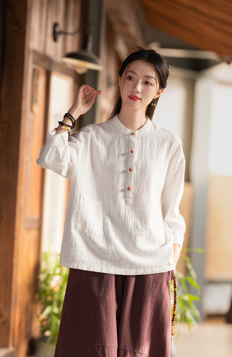 2024春夏棉麻女装新品亚麻立领拼色盘扣套头大码上衣女式棉麻衬衫详情33