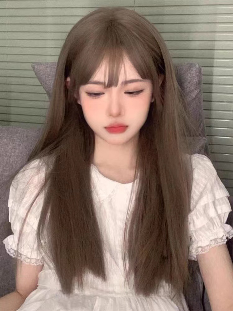 The bangs of the Internet celebrity, pure desire style, black long straight hair natural wig, female full head set, white and gold wig, long straight hair Barbie pic 16