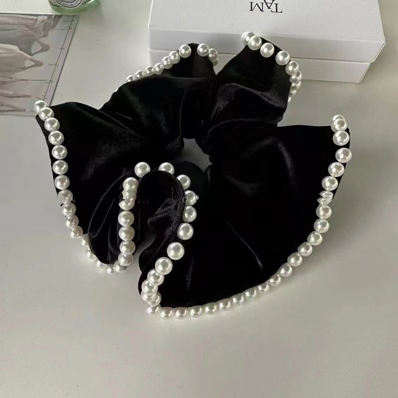 复古黑色丝绒珍珠大肠圈女高级后脑勺法式优雅扎头绳气质小众发饰详情6