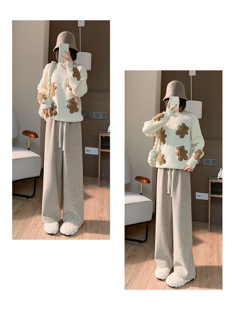 2023新款春秋季直筒裤韩国阔腿裤女高腰垂感显瘦粉色小众毛巾裤详情29