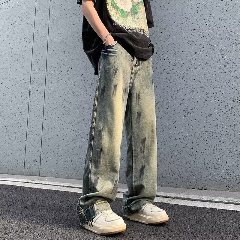 2024复古休闲做旧牛仔裤学生时尚百搭款垂感宽松阔腿拖地牛仔裤男详情7